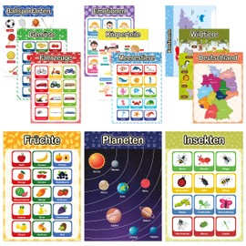 LIKARTO® 12 Educational Montessori Learning Posters A4 - Extra Thick Paper and Laminated on Both Sides - Basics 2, Learning Posters Primary School, Children Learning Aid