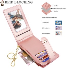 Womens Slim RFID Blocking Glitter Leather Wallet Cute Small Multi Card Organizer Bifold Wallet with Keychain Zipper Pocket,Rose Gold