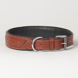Large Genuine Leather Hand-Carved Padded “Ponderosa” Dog Collar, fits Neck Size 17" - 21"