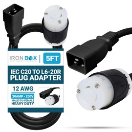 IronBox Electric - Heavy Duty IEC C20 to L6-20R Plug Adapter Power Cord - 12 AWG Jacket - Rated for 20 Amps and 250V - UL Listed Extension Cable - Ideal for Server Racks and Data Centers (5 feet)