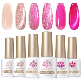Born Pretty Gel Nail Polish Pink Series,Jelly Transparent Gel Polish, Cat Magnetic Eye,Holographic Glitter Hot Pink Nude Gel Polish for Salon Manicure and Nail Art DIY at Home 6 Colors
