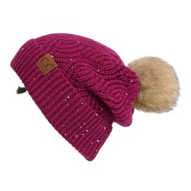 C.C Hatsandscarf Exclusives Women’s Sequin Beanie with Faux Fur Pom – Brioche Cable Knit Winter Hat, Sparkly Fashion Beanie (HAT-2073) Orchid Flower
