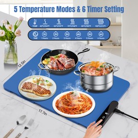 HASDSAGY Electric Warming Tray for Food, Food Warming Mat with 5 Temperature 6 Timer Setting Fast Heating Food Warmer Chafing Dishes & Food Warmers (Small Blue) SIZE:17.7IN*12.5IN