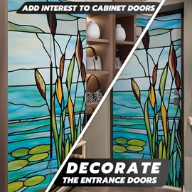 LiveInUrban Self Adhesive Faux Stained Glass Effect Door Mural, Leather Effect Textured Vinyl Peel and Stick Door Decals Sticker for Bedroom Living Room Home Decor,Lake and Reed, 15.19"X78.74"X2PCS