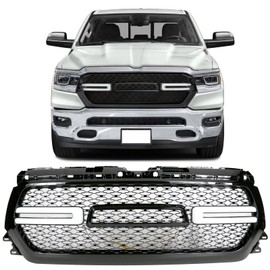 IKON MOTORSPORTS, Grille Compatible With 2019-2024 Ram 1500, DRL Daytime Running Light, Truck Front Bumper Hood Mesh Grill with Switchback Turn Signal Gloss Black