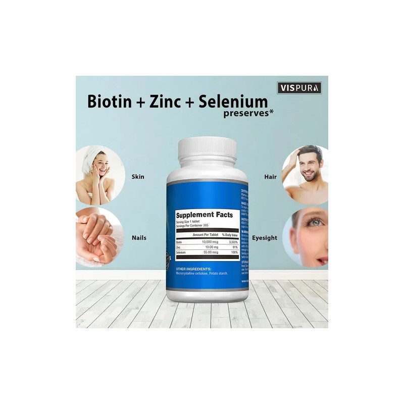 Vispura Biotina 10000 Mcg Zinc Selenio, Vegano, 365 Tabletas Na