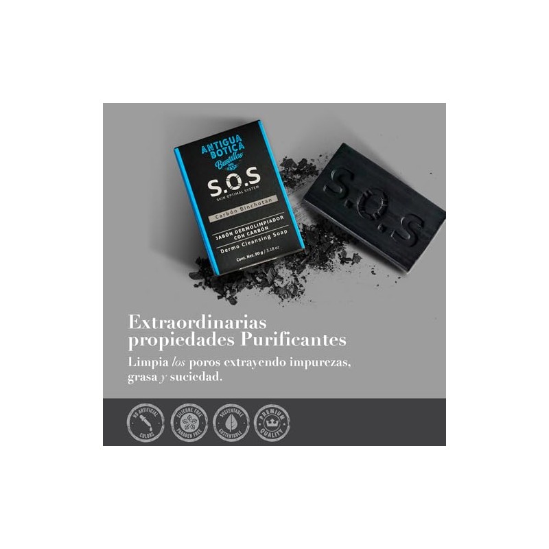 ANTIGUA BOTICA, S.O.S SKIN OPTIMAL SYSTEM, Jabón facial con carbón