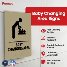 Promot Baby Changing Area Restroom Sign – ADA Braille Bathroom Sign for Business, Self-Adhesive, 9" x 6", Commercial Door Signage, Office Wall Decor - Taupe