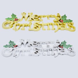 Merry Christmas Signs, 2Pcs Christmas Word Glittery Hanging Signs with Holly Berries and Leaves for Xmas Holiday Party Home Decoration. (Gold+Silver)