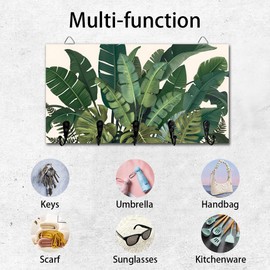 DELORIGIN Tropical Plant Leaves Key Holder Key Hooks Wall Mounted Wooden Key Racks with 5 Hooks Key Storage Organizer House Key Hanger for Wall Decor Door Entryway Hallway Kitchen New Home Gift