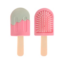 MINI DETANGLING BRUSH FOR GIRLS, KIDS & WOMEN, SOFT BRISTLES FOR CURLY & STRAIGHT HAIR, DRY WET, AIR CUSHION FOR PROTECTION & EASY TO CARRY, ICE CREAM SHAPED BRUSH A COOL DESIGN. (Pink)