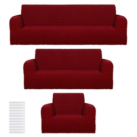 Fanfanwin 3 Pcs Furniture Sofa Cover Set Couch Cover Living Room Chair Covers Armchair Stretch Washable Couch Slipcover for Christmas Loveseat Large Oversized Sofa Cushion High Elastic(Burgundy)