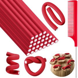 Syhood 30 Pcs 7'' Flexible Curling Rods Twist Foam Hair Rollers Soft Foam No Heat Hair Rods Rollers and 1 Steel Pintail Comb Rat Tail Comb for Women Long Short Hair(Red,7 x 0.3 Inch)