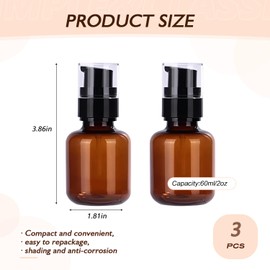 3PCS 60ML/2OZ Amber Plastic Lotion Pump Bottles Refillable Makeup Cosmetic Dispenser with Black Pump for Cream Shampoo Essential Oil