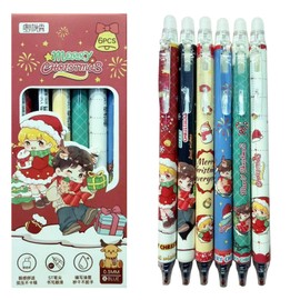 Christmas Erasable Pens 6-Pack – Cute Retractable Gel Pens with Eraser Top, 0.5mm blueful Ink, Kawaii Cartoon Holiday Designs for Journaling Planning School Office Supplies