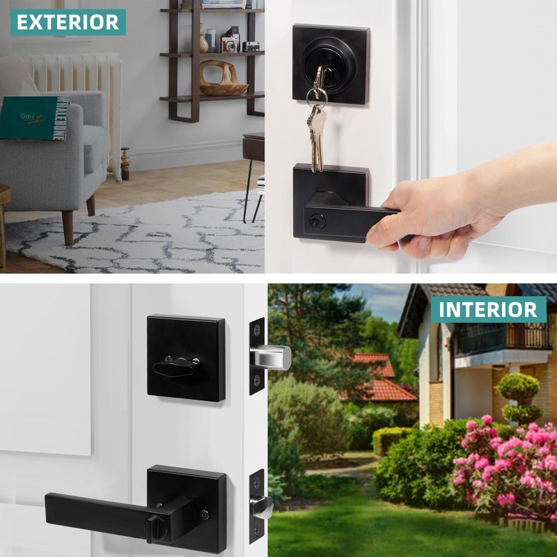 Square Exterior Door Handle with Deadbolt, Matte Black Entry Door