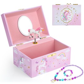 hombrima Music Jewellery Box with Necklace Bracelet, Musical Jewelry Storage Case with Spinning Unicorn Gift Set for Kids Girls Children Daughter (Pink-Ponyhorse)