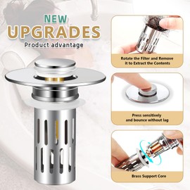 Smelish Bathroom Sink Stopper for 1.06-1.50in, Universal Bathroom Sink Drain Pop Up Stopper with Hair Strainer, Universal Drain Filter for US Stainless Steel Floor Drain Filter (Silver)