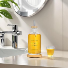 Ledanba Mouthwash Dispenser for Bathroom 11.8oz – Clear Glass Mouthwash Bottle with Bamboo Tray, Silicone Base, Gold Hot-Stamped Lettering, Refillable Mouthwash Container for Bathroom (Clear)