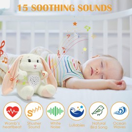 JUHOT Baby Sleep Soother Bedtime Bunny Toy with Cry Sensor, Mom‘s Heartbeat Lullabies White Noise, Starlight Projector, Toddler Crib Sleeping Aid for Infant,Boy Girl Baby Gifts