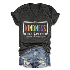 Kindness Shirt Women Kindness is Free Sprinkle It Everywhere V Neck Graphic Tees Be Kind T-Shirt Inspirational Tshirt Grey