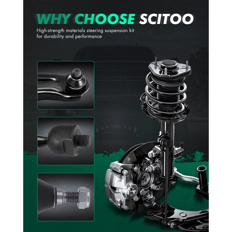 SCITOO 8pcs Front Suspension Kit Inner Outer Tie Rod End