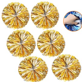 Pack of 6 Pom Poms Cheerleading, Cheerleader Pompoms, 12 Inch Metallic Cheerleading Pompoms, Cheer Poms with Handle, Cheerleader Pompoms Hand Flowers for Sports Dance Cheering Children Adults (Gold +