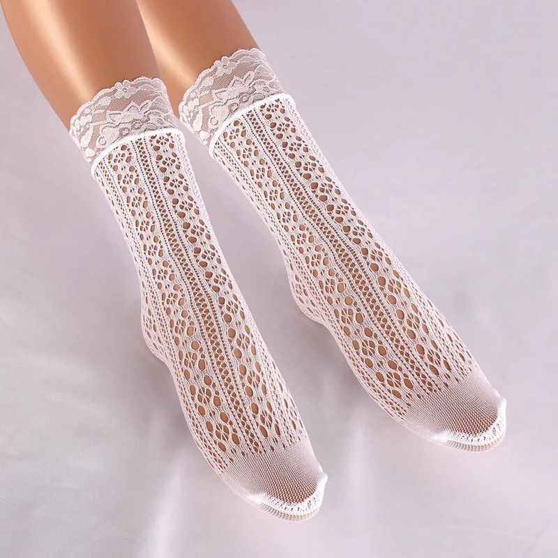 Generic Lace Socks for Women | White Crew Mid-Calf Socks
