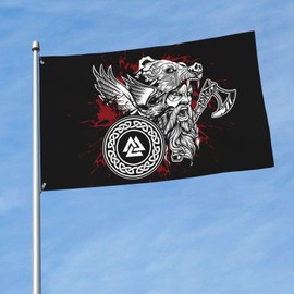 Odin's Viking Warrior Bear on His Head Flag for House Lawn Hanging Decoration Yard Banner Holiday Welcome Flags with 2 Metal Grommets for Indoor Outdoor 5ft x 3ft