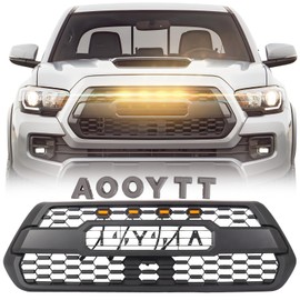 Front Grille Grill Compatible With 2016-2023 Tacoma TRD Style SR, SR5, TRD Off-Road, TRD Sport Front Grill Replacement Accessories Black Matte Bumper ABS Grille with 4 Amber Led Lights