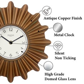 FOUNTAIN DESIGNS Starburst Wall Clock, Silent no Ticking, Metal Clock, Modern Style (Antique Copper, 12 inch)