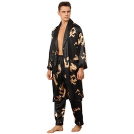 Haseil Men's Satin Robe with Pants Lightweight Printed Luxurious Spa Dragon Silk Bathrobe Kimono Set, Black, Tagsize L=Ussize S
