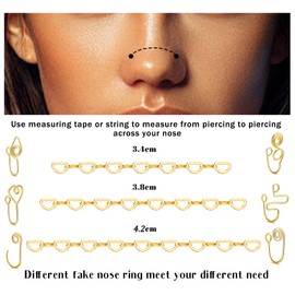 Kakonia 6Pcs African Nose Cuff with Heart Chain Nose Chain Piercing for Women Men Across Double Fake Nose Ring Chain Non Piercing for Nose Clip On Nose Ring with Chain Nostril Nose Piercing