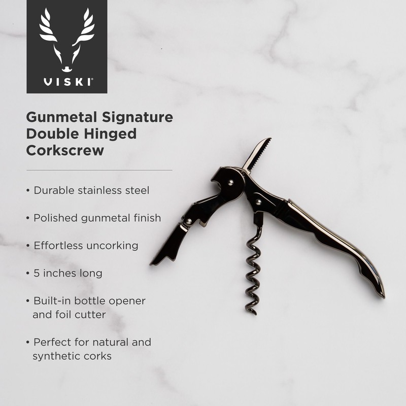 Viski Gunmetal Signature Double Hinged Waiters Corkscrew Wine Opener, Stainless