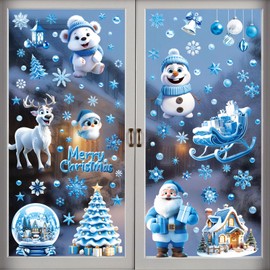 9 Sheets 110Pcs Christmas Decorations Window Clings, 3D Xmas Christmas Snowman/Tree/Elk/Snow Claus for Christmas Holiday Theme Decorations, Double Sided DIY Reusable Static Decal Stickers, Blue