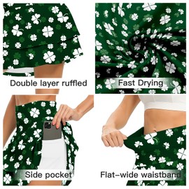 WOWENY Women's Athletic Pleated Tennis Skirt Ladies Active Layered Skort with Pocket Running Golf Skirt with Ruffle for Workout Sports Pickleball(2-Layer Leaf Clover,L)