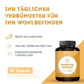 Turmeric Extract with Curcumin - 1105 mg Turmeric - High Dose Turmeric Capsules - 90 Capsules - 90 Days - Dietary Supplement Curcuma - Vitavea