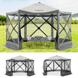 COBIZI 12x12ft Pop up Gazebo Screen Tent Screen House for Camping, Camping Outdoor Screened Gazebo with Mosquito Netting, Portable Hub Tent with Carrying Bag and Ground Stakes, Grey(Upgraded 2.0)