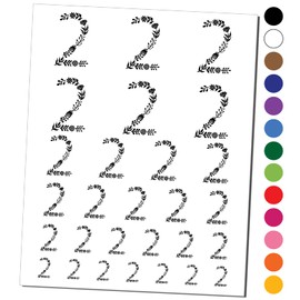 Elegant Botanical Floral Number 2 Temporary Tattoo Water Resistant Fake Body Art Set Collection - Black (One Sheet)