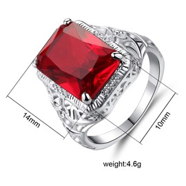 Xunuo Thai Silver Red Simulation Vintage Ruby Engagement Ring Big Carat Simple Flower Pattern Square Engagement Female Ring Size 6-10 (7)