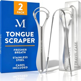 Mouthology Raspador De Lengua De Acero Inoxidable De Metal Para Limpiar La Lengua Y Reducir El Mal Aliento, Reutilizable (Paquete De 2 Con Estuche)