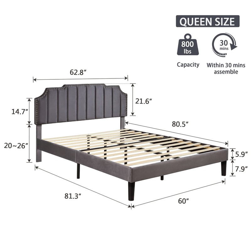 VECELO Queen Bed Frame Upholstered Platform with Tufted Adjustable Headboard/Mattress