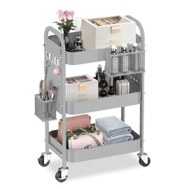 ALVOROG 3 Tier Rolling Cart with DIY Pegboards Metal Utility Cart with Wheels Handles Baskets Hooks, Craft Cart for Office Kitchen Bathroom(Light Gray)