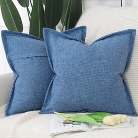 Madizz Set of 2 Linen Cushion Covers with Broad Edge Soft Boho Decorative Pillow Cases for Sofa Bedroom Modern Pillow Shell 16x16 inch, 40x40 cm Denim Blue