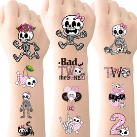 Bad Two The Bone Temporary Tattoos - 8 Pcs Black Pink Temporary Tiny Stickers Skeleton Skull Vampire Fake Scary Tattoo for Kids 2nd Birthday Party Decorations Girls Adults Supplies