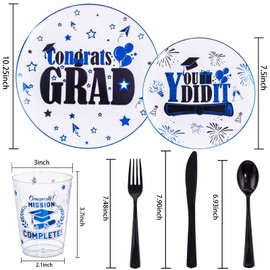 Liacere 150PCS Graduation Plastic Plates - Black and Blue Plastic Plates, Graduation Party Plates include 50Plates 25Knives 25Forks 25Spoons 25Cups for Graduation Party