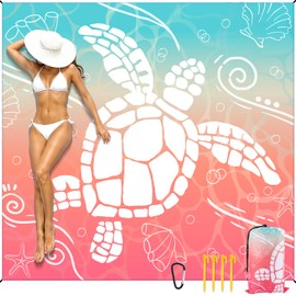 Beach Blanket Waterproof Sandproof 8 X 7 Ft Beach Mat 3–4 Adults Extra Large Outdoor Picnic Mat with Stakes & Travel Bag Foldable Beaches Essentials for Summer Outdoor Picnic (Teal Orange Sea Turtle)