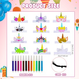 Unicorn Children's Crowns for Colouring, 12 Coloured Pens + 12 Unicorn Mask