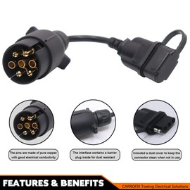 CARROFIX Truck End European Style 7 Way Round Pin Outlet to American Style Trailer 4 Way Flat Connector - Simple Adapter No Lighting Convertion
