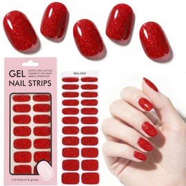Semi Cured Gel Nail Strips No UV Light Required - 22 Pcs Nail Polish Stickers with 3D Plump Volume - Waterproof DIY Manicure Kit for Travel & Party - Glitter Finish